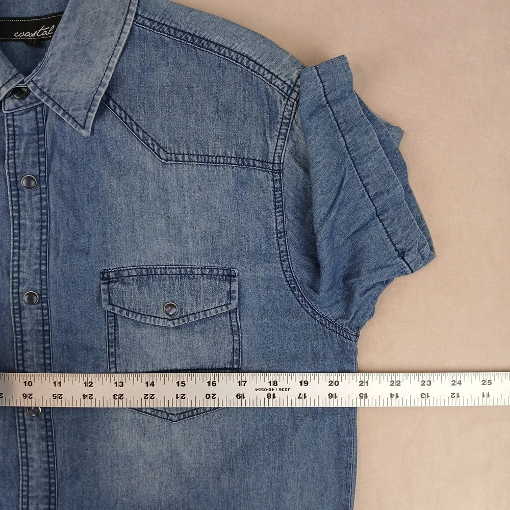 Coastal Medium Mens‎ Shirt Denim Western Pearl Snap Cowboy Short Sleeve 21x29